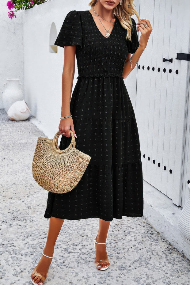 Elegant Ruched V Neck Short Sleeve Pleated Dress
