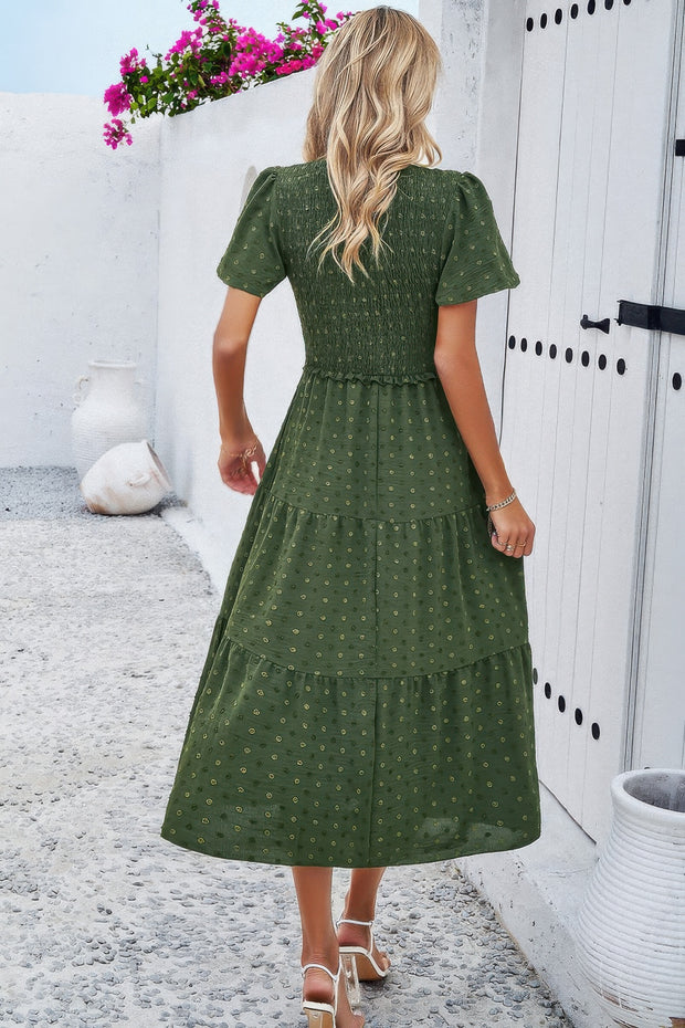Elegant Ruched V Neck Short Sleeve Pleated Dress