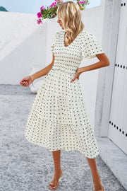 Elegant Ruched V Neck Short Sleeve Pleated Dress