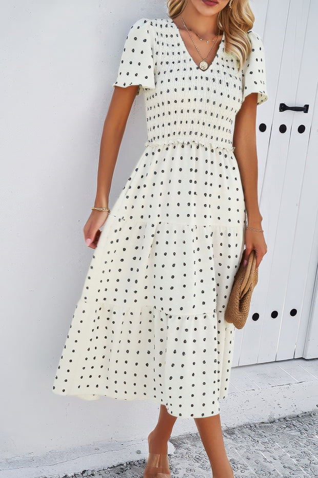 Elegant Ruched V Neck Short Sleeve Pleated Dress