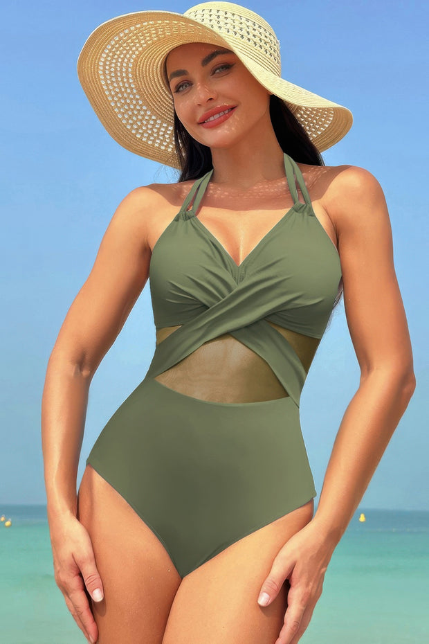 Color Block Halter Cross Lace One Piece Swimsuit