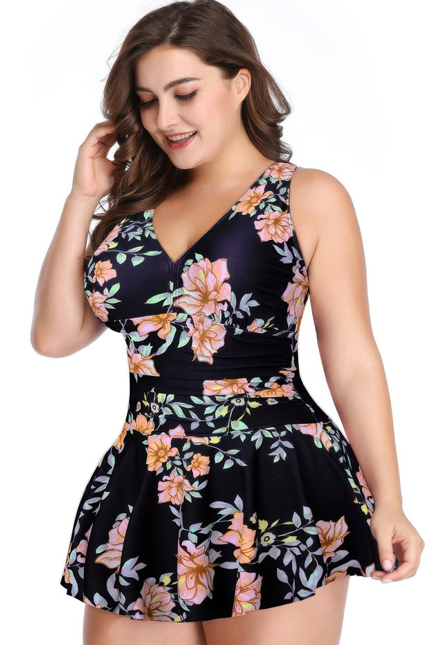 Plus Size Solid Ruffle V Neck Fit Swimsuits