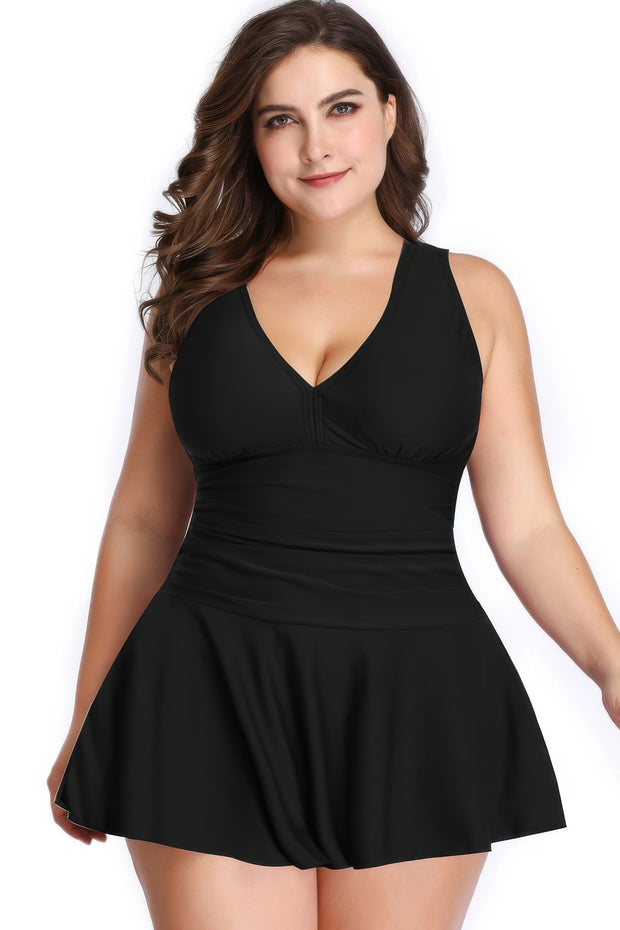Plus Size Solid Ruffle V Neck Fit Swimsuits