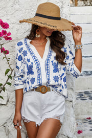 Floral Print Notched Collar V Neck Shirt