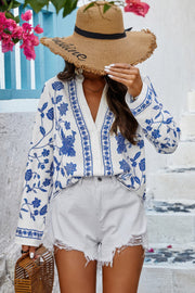 Floral Print Notched Collar V Neck Shirt