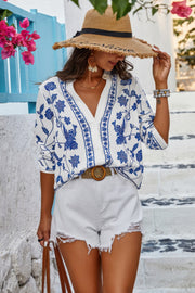 Floral Print Notched Collar V Neck Shirt