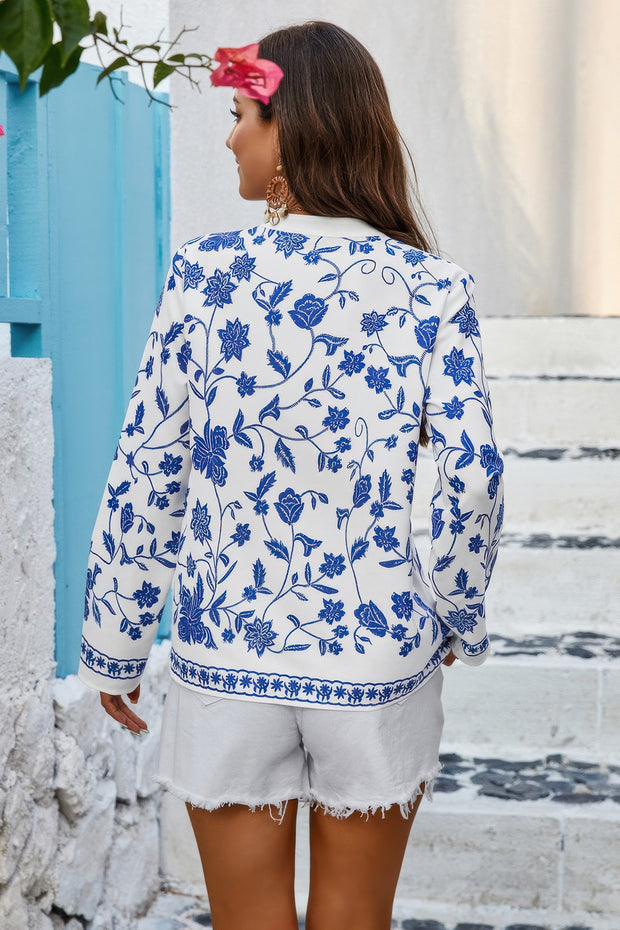 Floral Print Notched Collar V Neck Shirt