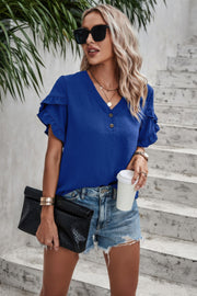 Ruffle Solid V Neck Short Sleeve Tunic Shirt