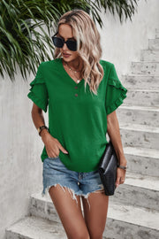 Ruffle Solid V Neck Short Sleeve Tunic Shirt