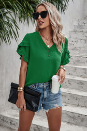 Ruffle Solid V Neck Short Sleeve Tunic Shirt