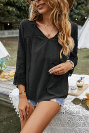 Swiss Dot Lace Splicing Sleeve V Neck Blouse