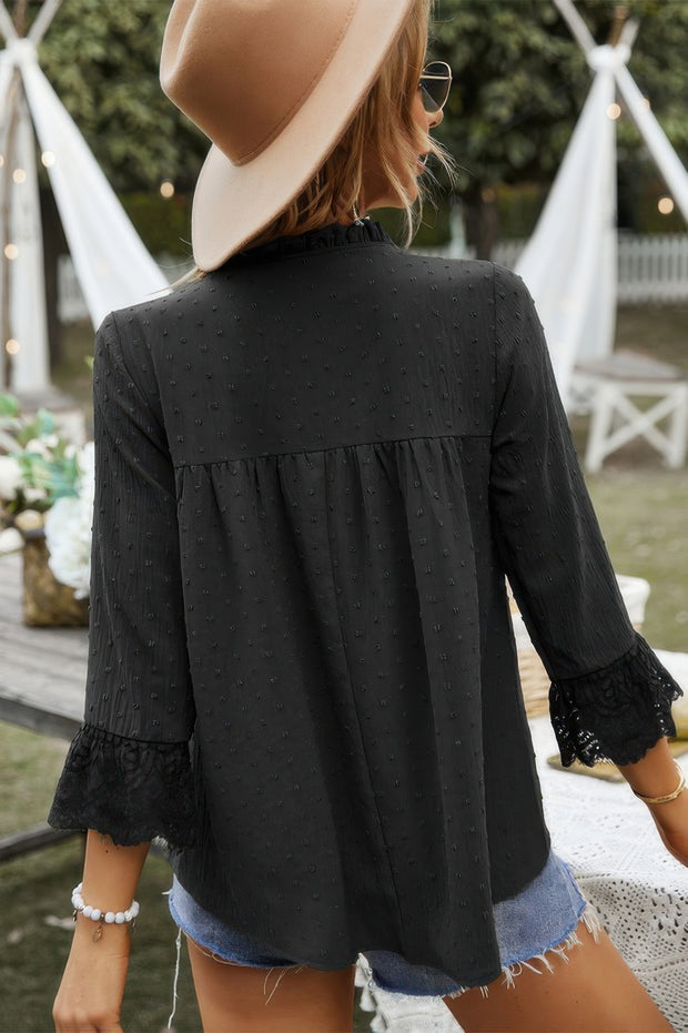 Swiss Dot Lace Splicing Sleeve V Neck Blouse
