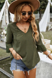Swiss Dot Lace Splicing Sleeve V Neck Blouse