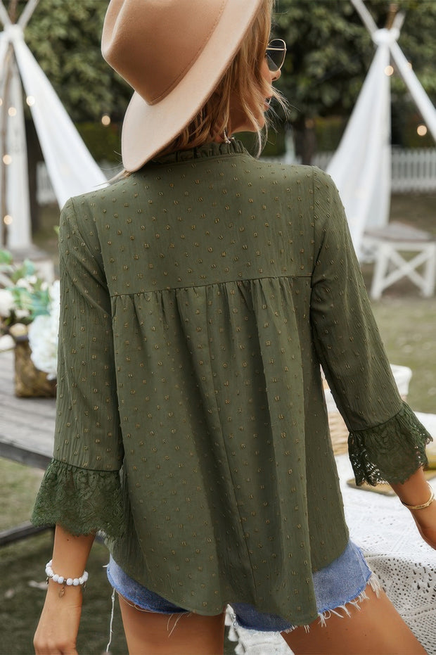 Swiss Dot Lace Splicing Sleeve V Neck Blouse