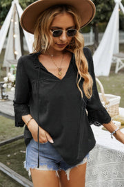 Swiss Dot Lace Splicing Sleeve V Neck Blouse