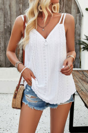 V Neck Eyelet Trim Spaghetti Strap Sleeveless Top