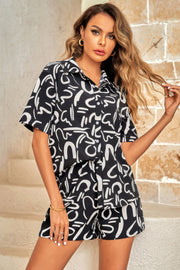 Outfit Sequins Lips Print Button Down Shorts Set