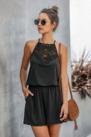 Solid Halter Lace Sleeveless Patchwork Romper