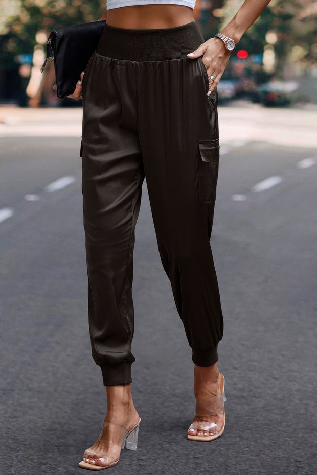 High Waist Trousers Pocket Satin Jogger Pants