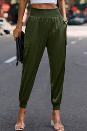 High Waist Trousers Pocket Satin Jogger Pants