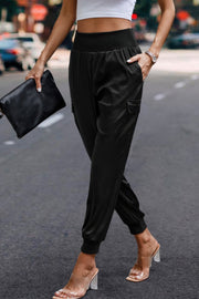 High Waist Trousers Pocket Satin Jogger Pants