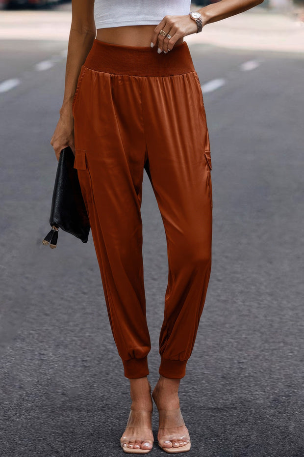 High Waist Trousers Pocket Satin Jogger Pants