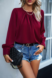 Ruffle Long Sleeve Elegant Ruffles Crewneck Blouse