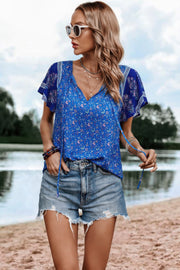 Boho Floral Print Tie Neck Butterfly Sleeve Blouse