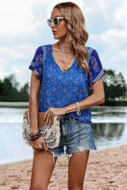 Boho Floral Print Tie Neck Butterfly Sleeve Blouse