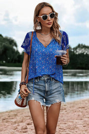 Boho Floral Print Tie Neck Butterfly Sleeve Blouse