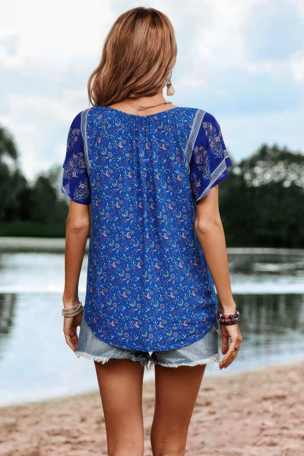 Boho Floral Print Tie Neck Butterfly Sleeve Blouse