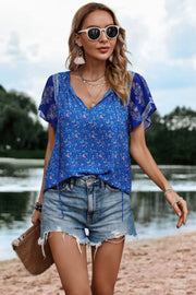 Boho Floral Print Tie Neck Butterfly Sleeve Blouse