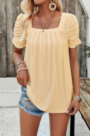 Square Neck Puff Sleeve Tunic Tops Eyelet Shirt