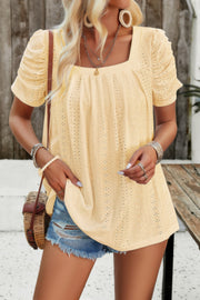Square Neck Puff Sleeve Tunic Tops Eyelet Shirt