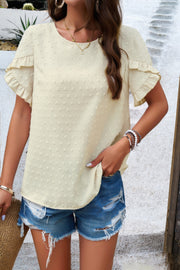 Crewneck Chiffon Polka Dot Ruffle Short Sleeved Top