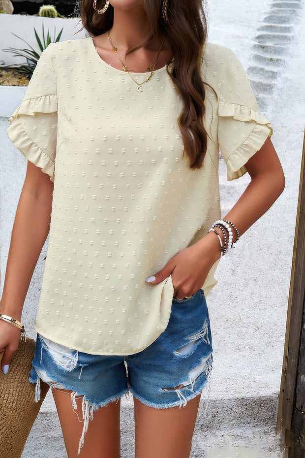 Crewneck Chiffon Polka Dot Ruffle Short Sleeved Top