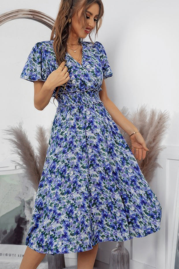 Bohemian Floral V Neck High Waist Midi Dress