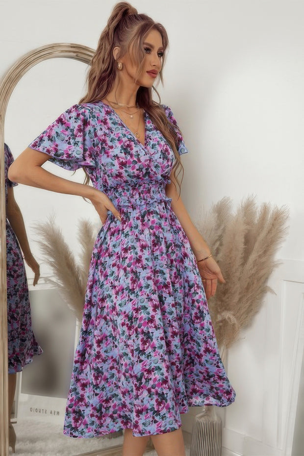 Bohemian Floral V Neck High Waist Midi Dress