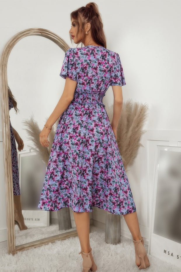 Bohemian Floral V Neck High Waist Midi Dress