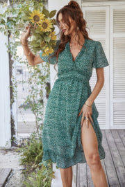 Deep V Neck Floral Boho Ruffle Short Sleeve Dress