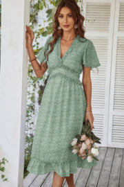 Deep V Neck Floral Boho Ruffle Short Sleeve Dress
