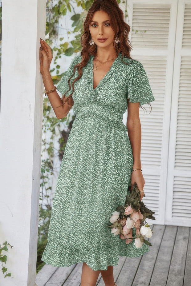 Deep V Neck Floral Boho Ruffle Short Sleeve Dress