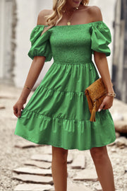 Square Neck Ruched Balloon Sleeve Smocked Midi Dress