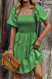Square Neck Ruched Balloon Sleeve Smocked Midi Dress