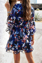 Floral V Neck Waist Tie Ruffle Hem Wrap Dress