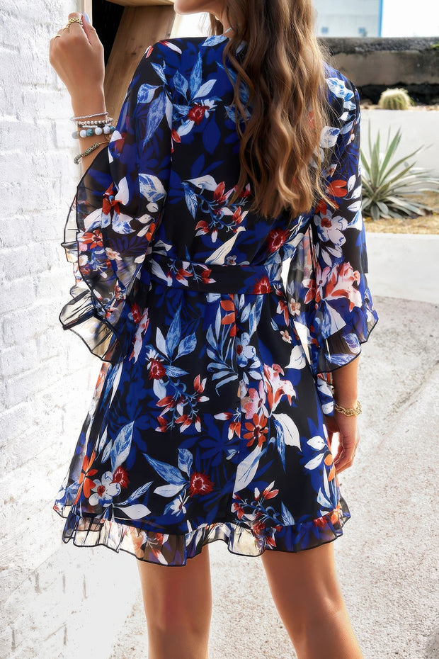 Floral V Neck Waist Tie Ruffle Hem Wrap Dress