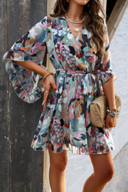 Floral V Neck Waist Tie Ruffle Hem Wrap Dress