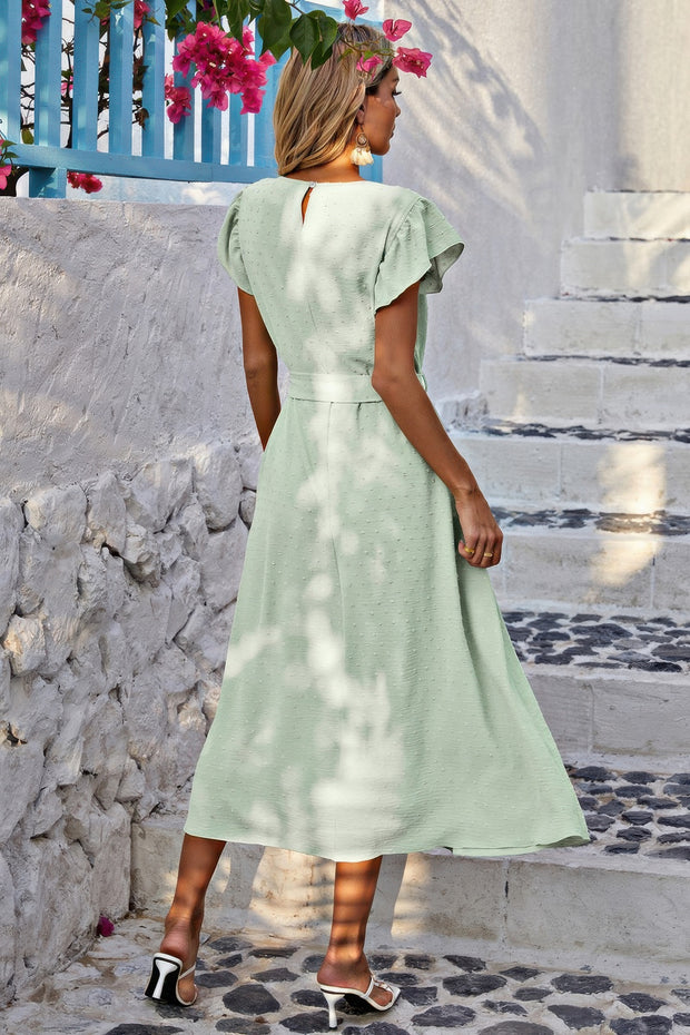 Solid Swiss Dot Ruffle Hem Belt Midi Dress
