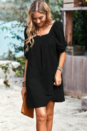Square Neck Short Bubble Sleeve Babydoll Dress