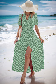 Dot Print Open Front Belt Knot V Neck Dress